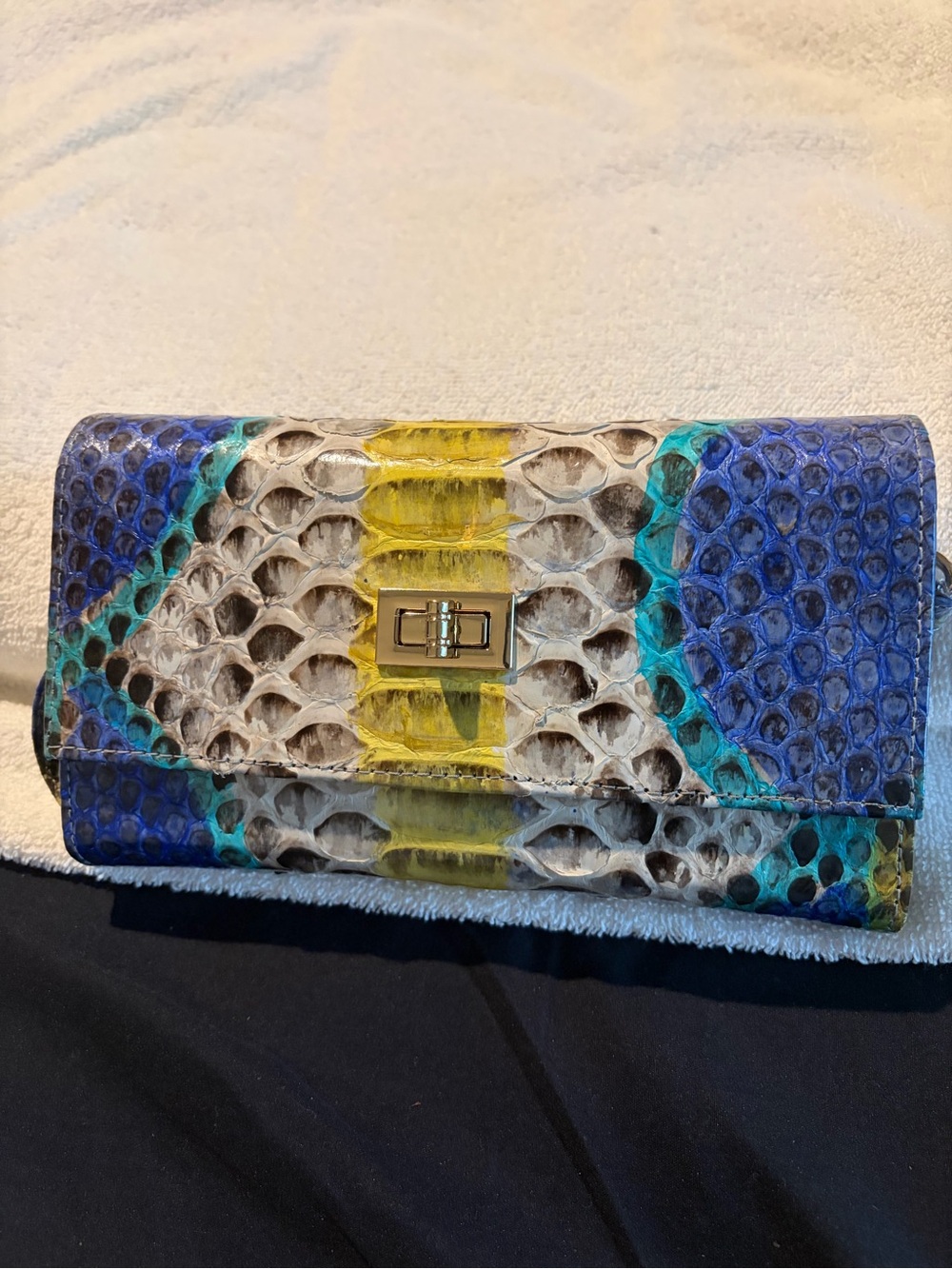 Multicolor Python-Effect Leather Clutch with Gold Turn-Lock